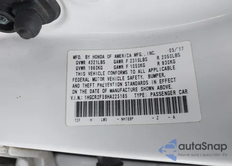 2017 Honda Accord Sport z USA, uszkodzony, nr VIN 1HGCR2F59HA225185